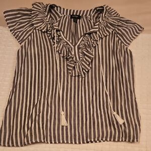 Lord & Taylor Blue and White Striped Ruffle Blouse